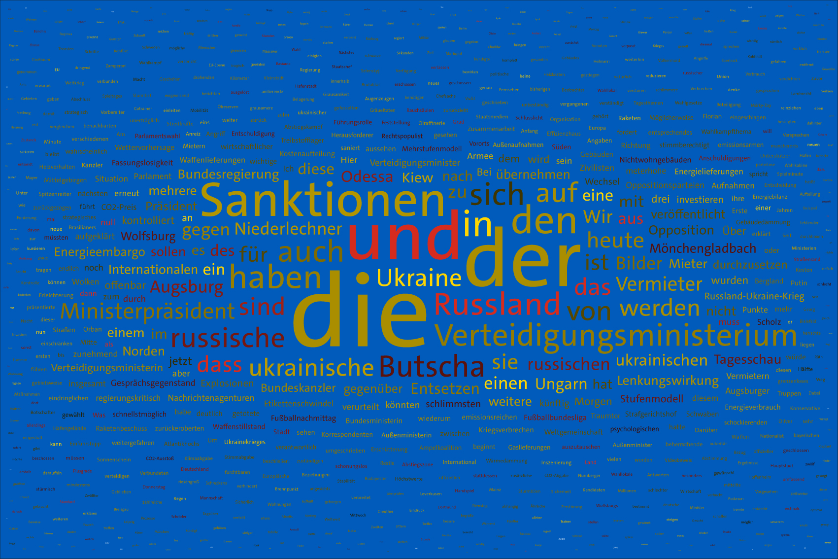 Tag 39 im Werk zur Dokumentation der Berichterstattung über den Krieg in der Ukraine 2022 durch Wertung der Worte in Nachrichtensendungen und deren regelbasierte, farbliche Zuordnung zu den Kriegsparteien in bildlicher Form. Bildhintergrund im blau der ukrainischen Flagge.